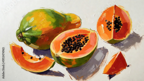 Illustration of papaya slices and whole papaya on a plain background 