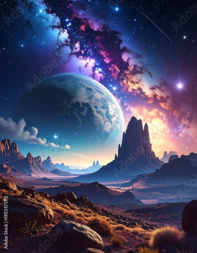 A vibrant cosmic landscape with a large planet