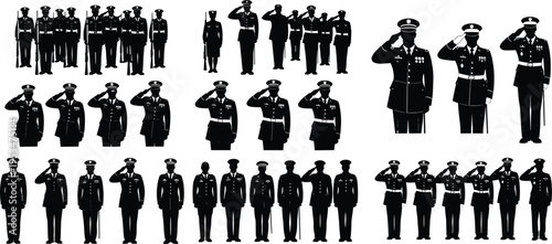 Military personnel silhouettes set with salute standing formation and uniformed officers representing army discipline honor service and national defense concept