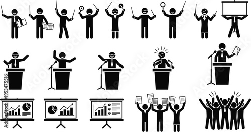 Presentation speaker and audience silhouettes set with charts podium and business meeting communication concepts for training education and public speaking