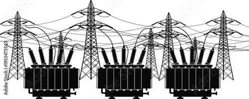 Industrial Electrical Power Substation with High Voltage Transformers and Transmission Towers Silhouette Infrastructure for Energy Distribution, Grid Supply, and Utility Engineering