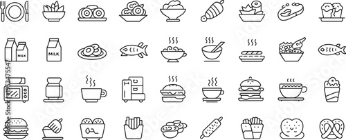 Line icon collection of food and beverages, kitchen objects artwork, culinary design illustration, restaurant and cooking app inspiration