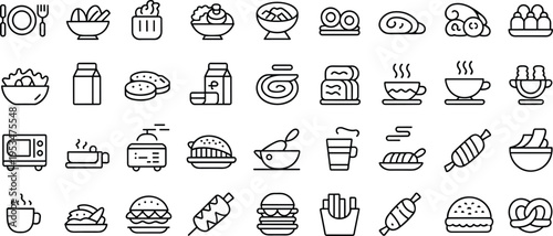 Line icon collection of food and beverages, kitchen objects artwork, culinary design illustration, restaurant and cooking app inspiration