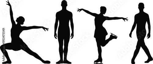 Set of figure skater silhouettes and ballet dancer icons featuring elegant poses, ice skating movements, athletic performance, and artistic dance silhouettes