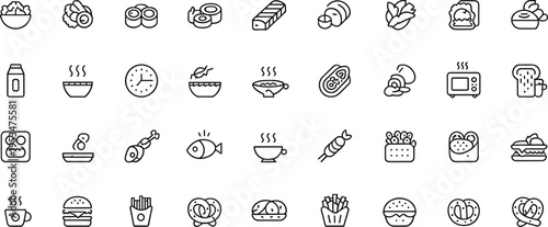 Line icon collection of food items, kitchen objects artwork, culinary design illustration, restaurant and cooking app inspiration