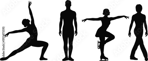 Silhouettes of athletes and performers including figure skater, ballet dancer, and fitness poses, representing elegance, sports, art, movement, and wellness