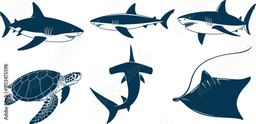 Marine animal silhouettes, shark and hammerhead illustration, sea turtle artwork, stingray design, ocean wildlife collection, aquatic species pattern, underwater nature art