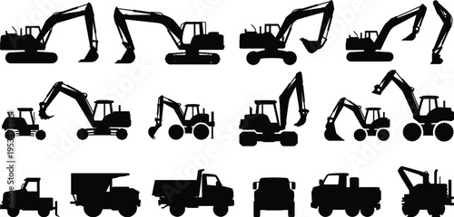 Silhouette collection of construction vehicles, excavators and bulldozers artwork, heavy machinery illustration, industrial equipment design inspiration