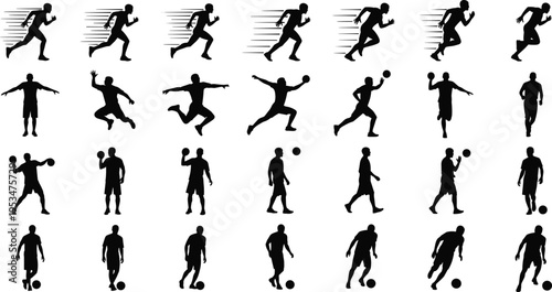 Sports player silhouettes set with running jumping and ball handling poses for athletic training game action and fitness movement design