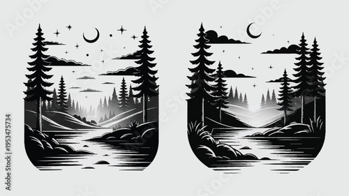 Monochrome landscape illustration of a forest with pine trees, a river, and a crescent moon at night, black and white