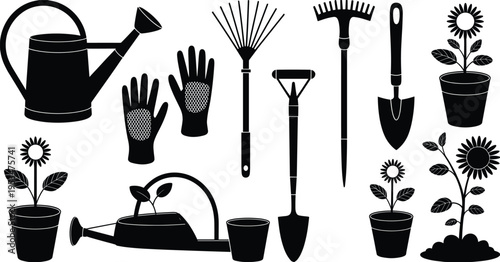 Silhouette collection of gardening tools and plants, watering cans and gloves artwork, outdoor garden care illustration inspiration