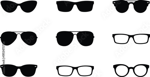 Collection of black eyewear silhouettes including aviator sunglasses, cat eye frames, wayfarer styles, and modern optical glasses icons for fashion design