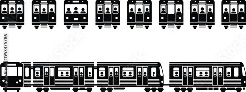 Subway train silhouettes set with passengers inside wagons representing urban public transport commuting metro system and city transportation concept