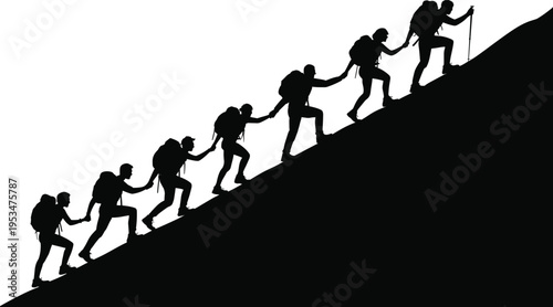 Silhouette collection of hikers climbing, teamwork and cooperation artwork, outdoor adventure illustration, unity and perseverance design inspiration