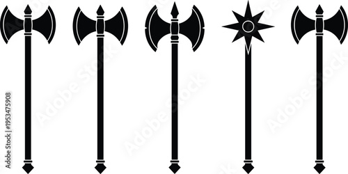 Black silhouette of various medieval double headed battle axes and mace weapon set isolated on white background for game design.