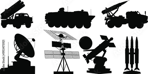 Silhouette collection of military vehicles and defense systems, missile launcher and radar artwork, communication technology illustration inspiration
