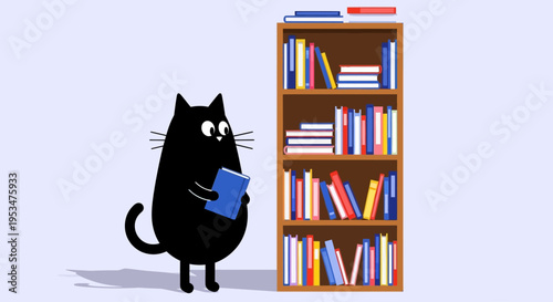 A curious black cat reads a book next to a tall bookshelf indoors.