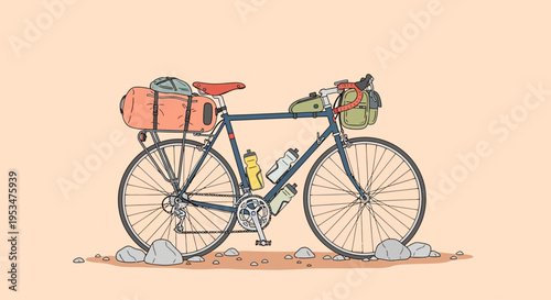 A bicycle loaded with luggage and bags stands on dirt road with rocks