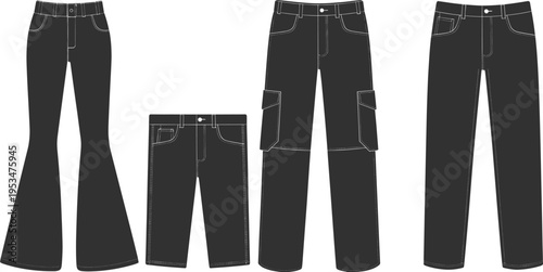 Silhouette collection of pants styles, fashion garment artwork, clothing design illustration, apparel construction inspiration