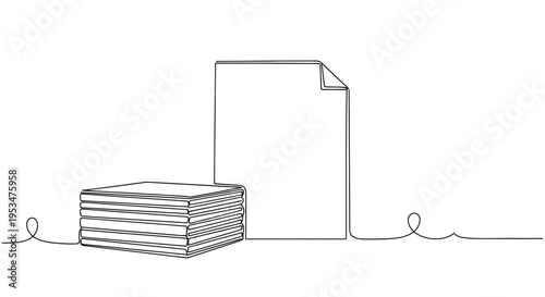 A stack of books and a single sheet of paper are drawn in a continuous line art style on a blank background.