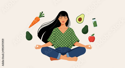 A woman meditates peacefully outdoors surrounded by fresh fruits and vegetables.