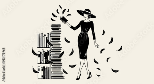 A woman in a black dress and hat stands beside a falling stack of books.