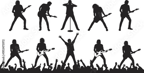 Silhouette collection of rock concert musicians, live performance artwork, crowd and entertainment illustration, music event design inspiration