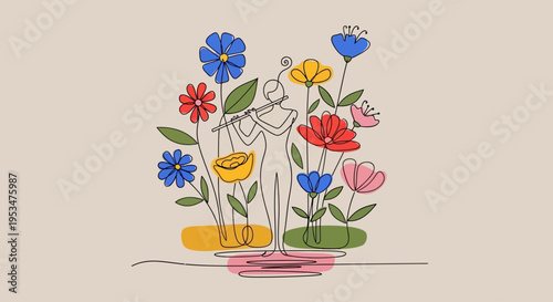 Illustration depicts a humanoid figure standing among vibrant flowers and leaves.