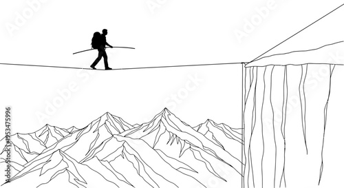 Person walks on highline over mountains with precipice
