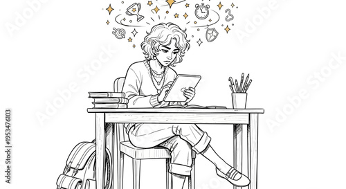 A girl sits at a desk with books and a laptop, lost in thought with creative ideas floating above her head.