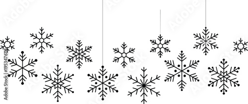 Snowflake silhouette collection, winter decoration design, hanging snowflake artwork, holiday season illustration, frozen pattern art, icy geometric shapes, festive nature symbols