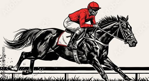 A jockey riding a horse runs fast on the track in a sports event.