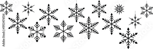 Snowflake silhouette collection, winter festive decoration, holiday season artwork, icy geometric design, frozen nature illustration, decorative snowflake pattern, seasonal ornament art
