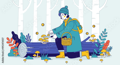 Woman sits on log collecting mushrooms in forest with basket and plants