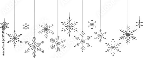 Snowflake hanging silhouettes, winter festive decoration, holiday season artwork, icy geometric design, frozen nature pattern, Christmas ornament illustration, decorative snowflake collection
