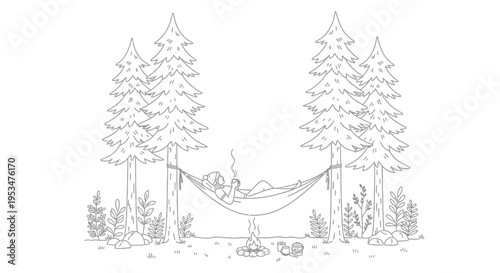 A person relaxes in a hammock between two tall pine trees in a forest clearing with a campfire burning.