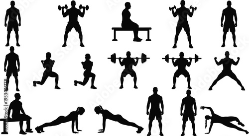 Workout exercise silhouettes set showing strength training poses with dumbbells barbell squats lunges push ups and fitness routines collection