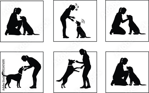 Woman training dog silhouettes set with pet care interaction obedience training and bonding moments for animal behavior and lifestyle concept