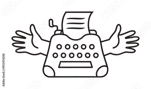Vintage vector style typewriter with two hands emerging from the sides in a playful design