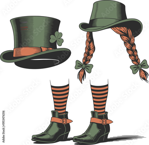 A festive collection of st patrick day themed leprechaun accessories including hats and boots