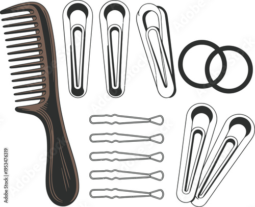 A collection of hair styling accessories including a comb, hair clips, bobby pins and hair ties