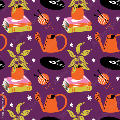 Analog Life trend vector seamless pattern with cute funky groovy cartoon illustration of offline hobbies, retro objects, digital detox lifestyle icons, books, vinyl, home plant 