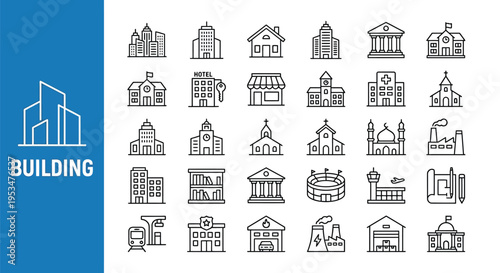 Collection of diverse building outlines in a minimalist linear style