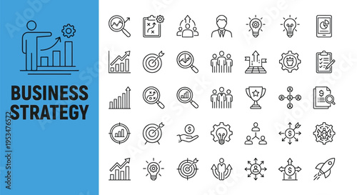 Business strategy icons depicting growth analysis and teamwork concepts