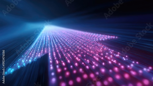 Digital Arrow with Colorful Lights Leading Towards a Bright Horizon in a Futuristic Abstract Background