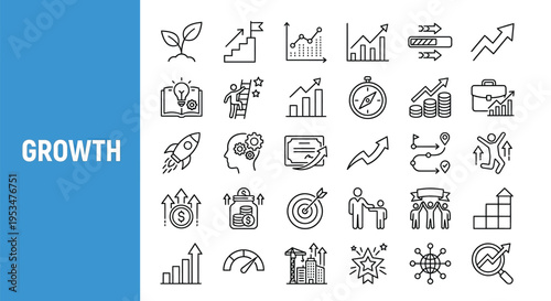 Collection of growth related line icons depicting business and development concepts