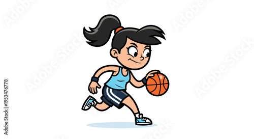 Young Girl Playing Basketball Outdoors.
