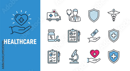 Healthcare icons depicting medical support treatment and wellness services