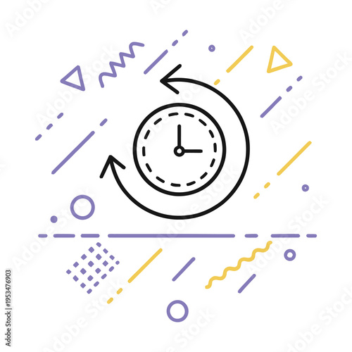 Vector of a clock with arrows circling around it surrounded by colorful shapes