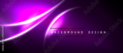 Abstract purple design features flowing light streaks. Dark background creates dramatic visual effect. Modern, sleek presentation.